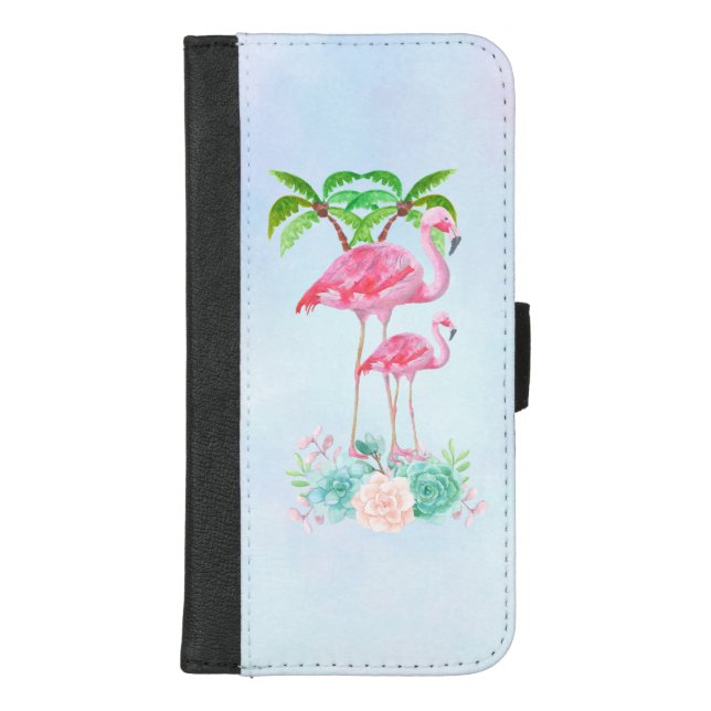 Pink Flamingo Momma & Baby with Palm Trees iPhone Wallet Case (Front)