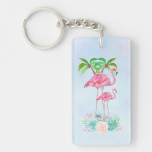 Pink Flamingo Momma & Baby with Palm Trees Keychain