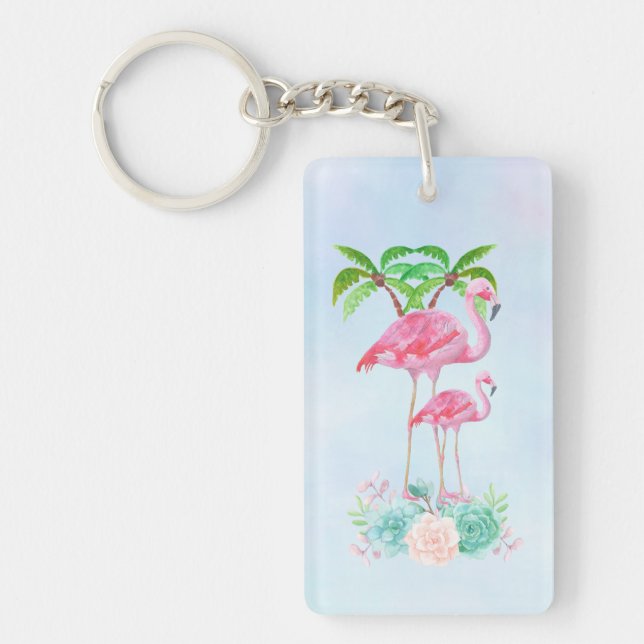 Pink Flamingo Momma & Baby with Palm Trees Keychain (Front)