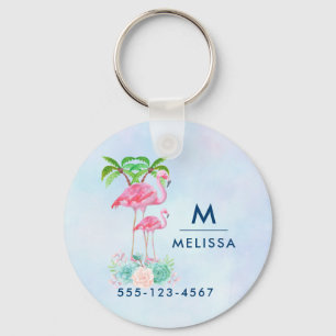 Pink Flamingo Momma & Baby with Palm Trees Keychain
