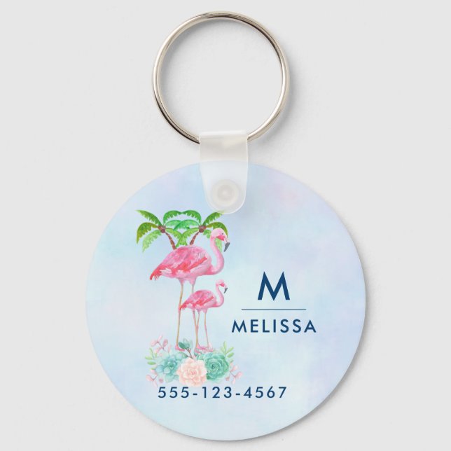 Pink Flamingo Momma & Baby with Palm Trees Keychain (Front)