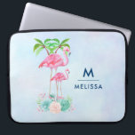 Pink Flamingo Momma & Baby with Palm Trees Laptop Sleeve<br><div class="desc">A laptop sleeve personalize with a name and initial. Designed with an illustration of a momma and baby pink flamingo standing on a bed of floral succulent flowers with green palm trees swaying in the back. Tropical and pretty. The background is a summery light blue watercolor with hints of purple....</div>