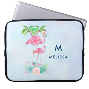 Pink Flamingo Momma & Baby with Palm Trees Laptop Sleeve
