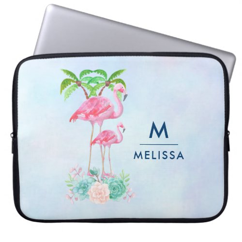 Pink Flamingo Momma  Baby with Palm Trees Laptop Sleeve