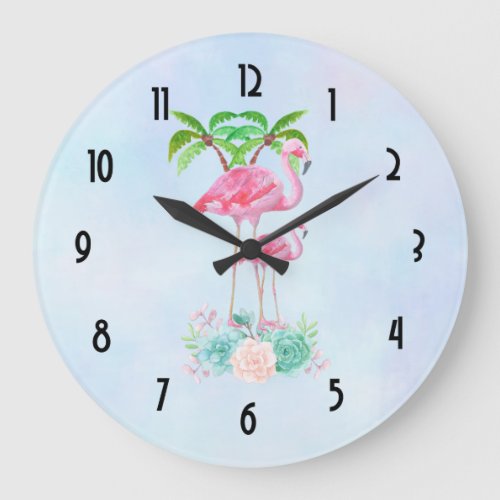 Pink Flamingo Momma  Baby with Palm Trees Large Clock