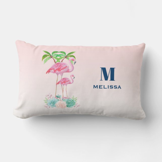 Pink Flamingo Momma & Baby with Palm Trees Lumbar Pillow (Front)