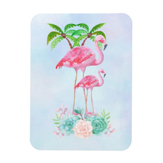 Pink Flamingo Momma & Baby with Palm Trees Magnet (Vertical)