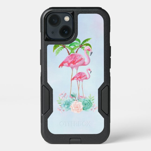 Pink Flamingo Momma & Baby with Palm Trees Otterbox iPhone Case (Back)