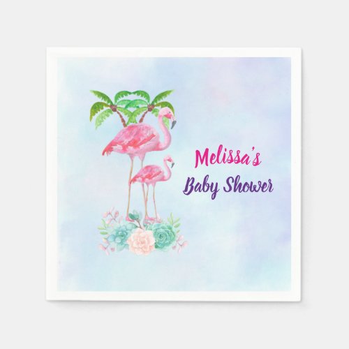 Pink Flamingo Momma  Baby with Palm Trees Paper Napkins
