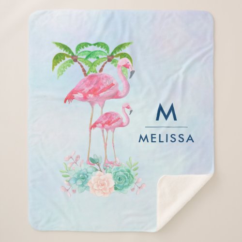 Pink Flamingo Momma  Baby with Palm Trees Sherpa Blanket