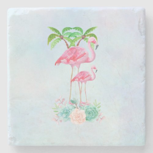 Pink Flamingo Momma  Baby with Palm Trees Stone Coaster