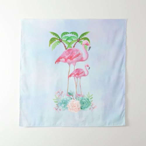 Pink Flamingo Momma  Baby with Palm Trees Tapestry