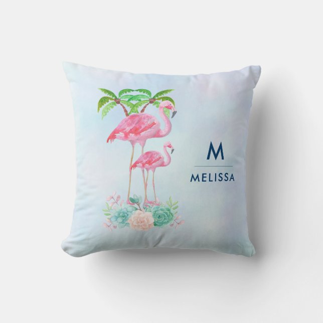 Pink Flamingo Momma & Baby with Palm Trees Throw Pillow (Front)