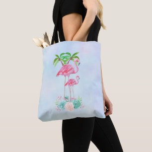 Pink Flamingo Momma & Baby with Palm Trees Tote Bag