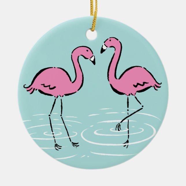 Pink Flamingo Monogram Ceramic Ornament (Front)