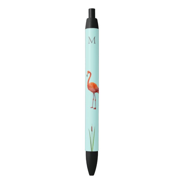 Pink Flamingo & Monogram on Light Blue Pen (Front Vertical)