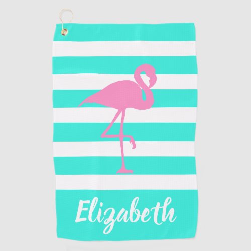 Pink Flamingo Name Script Cyan and White Stripes Golf Towel