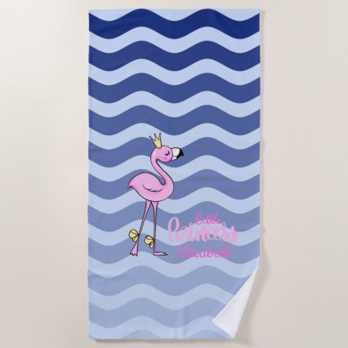 Pink Flamingo Navy Blue Stripe Waves Beach Towel