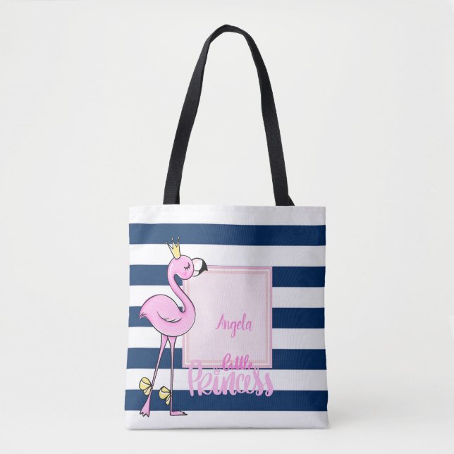 Pink Flamingo,Navy Blue Stripes,Little Princeess Tote Bag (Front)