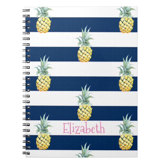 Pink Flamingo, Navy Blue Stripes-Personalized Notebook (Front)