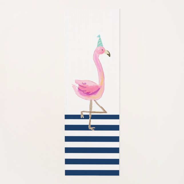 Pink Flamingo Navy Blue White Stripes Yoga Mat (Front)