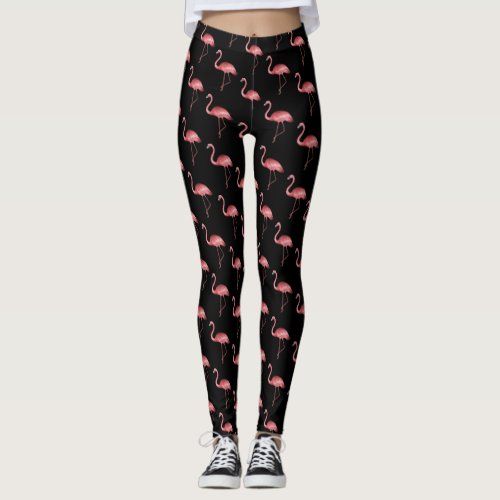 Pink flamingo on a black background leggings