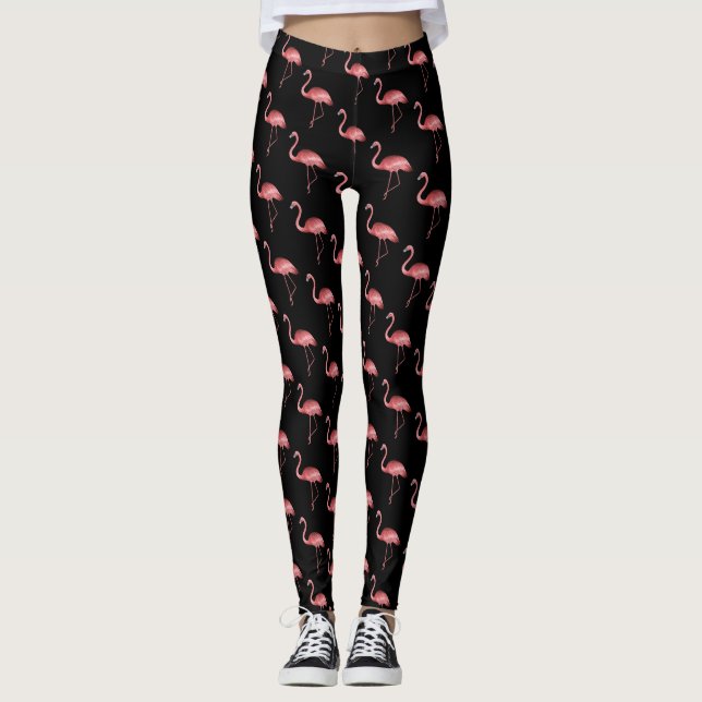 Pink flamingo on a black background leggings (Front)