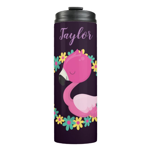 Pink Flamingo on a deep purple background Thermal Tumbler (Front)