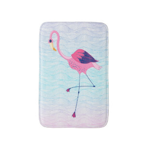 Pink Flamingo On Abstract Beach Water Waves Bathroom Mat