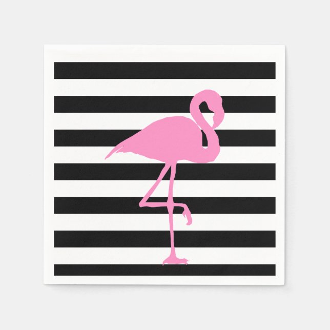 Pink Flamingo on Black and White Striped Napkins (Front)
