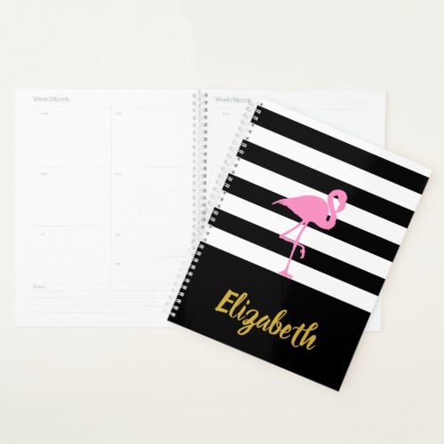 Pink Flamingo on Black and White Striped Planner