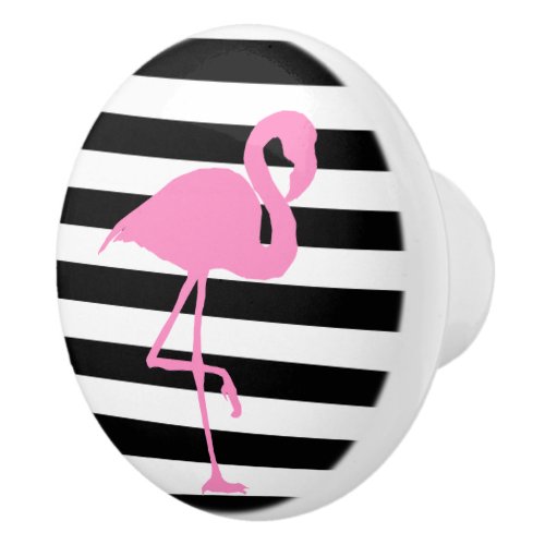 Pink Flamingo on Black and White Stripes Ceramic Knob