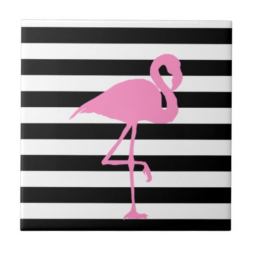 Pink Flamingo on Black and White Stripes Ceramic Tile