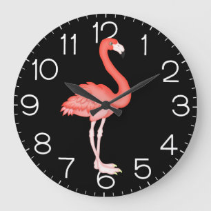 Pink Flamingo On Black Large Clock