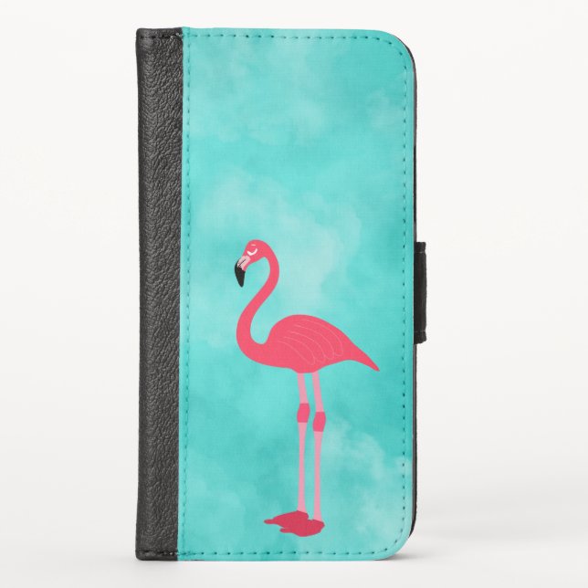 Pink Flamingo on Blue Background iPhone Wallet Case (Front)