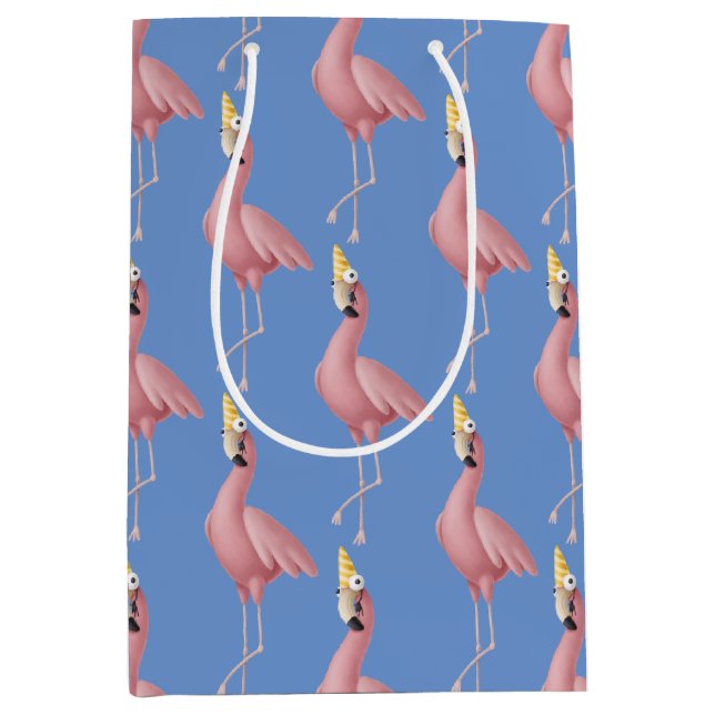 Pink Flamingo on Blue Birthday Medium Gift Bag (Front)
