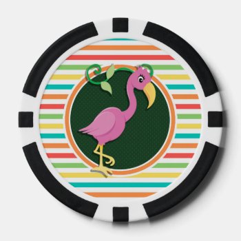 Pink Flamingo On Bright Rainbow Stripes Poker Chips by doozydoodles at Zazzle