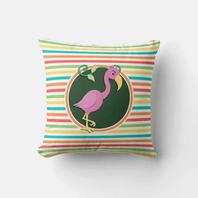 Pink Flamingo on Bright Rainbow Stripes Throw Pillow (Front)
