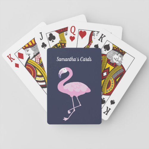 Pink Flamingo on Dark Blue Purple with Name Playing Cards