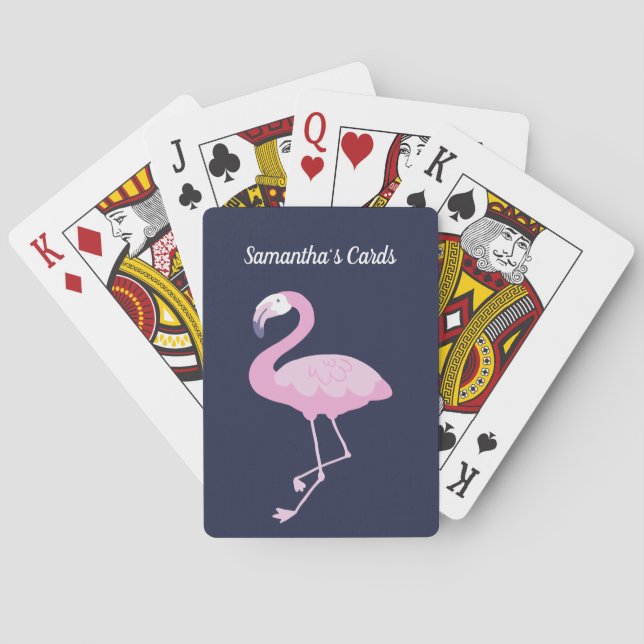 Pink Flamingo on Dark Blue Purple with Name Poker Cards (Back)
