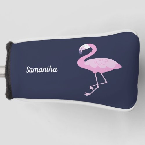 Pink Flamingo on Dark Blue with Name Golf Head Cover