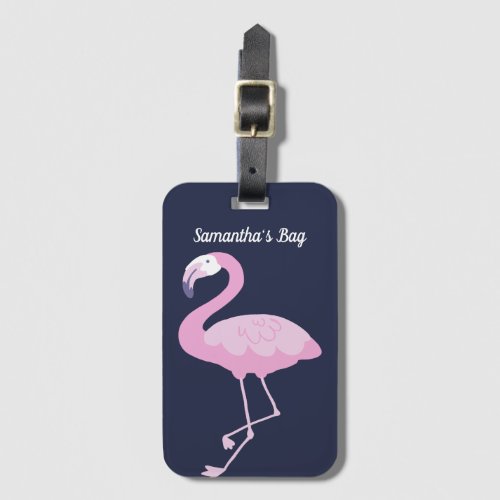 Pink Flamingo On Dark Blue with Name Luggage Tag