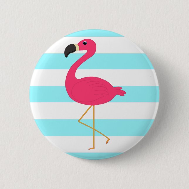 Pink Flamingo on Light Teal Stripes Pinback Button (Front)