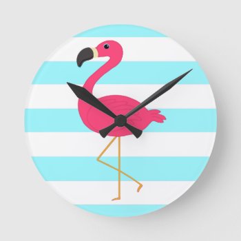 Pink Flamingo On Light Teal Stripes Round Clock by BeachBumFamily at Zazzle
