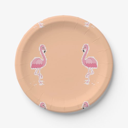 pink flamingo on pale orange paper plate