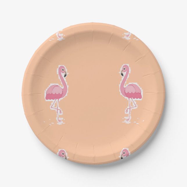 pink flamingo on pale orange paper plates (Front)