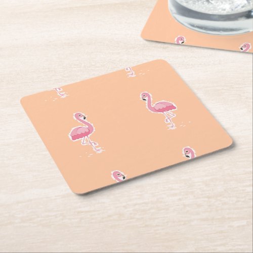 pink flamingo on pale orange square paper coaster