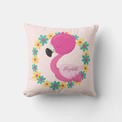 Pink Flamingo on pink polka dot background Throw Pillow
