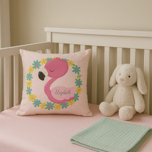 Pink Flamingo on pink polka dot background Throw Pillow