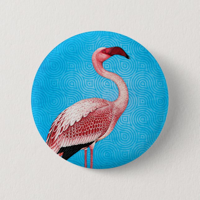 Pink Flamingo on Retro Blue Pattern Pinback Button (Front)